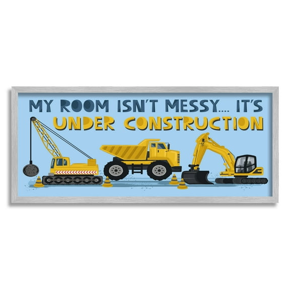 Stupell Industries My Room's Under Construction Kids' Sign Yellow Vehicles Transportation Painting Gray Framed Art Print Wall Art, 10 x 24