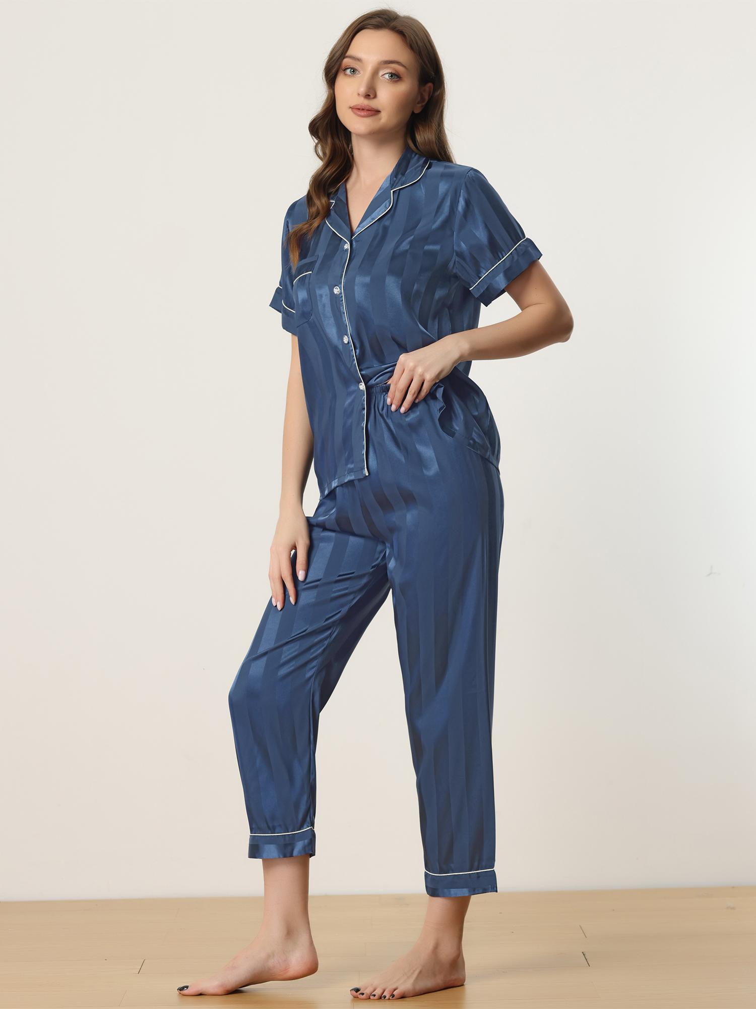 DARING DIVA Women's Satin Button Down Short Sleeve Long Pants Pajama Set M Navy Blue
