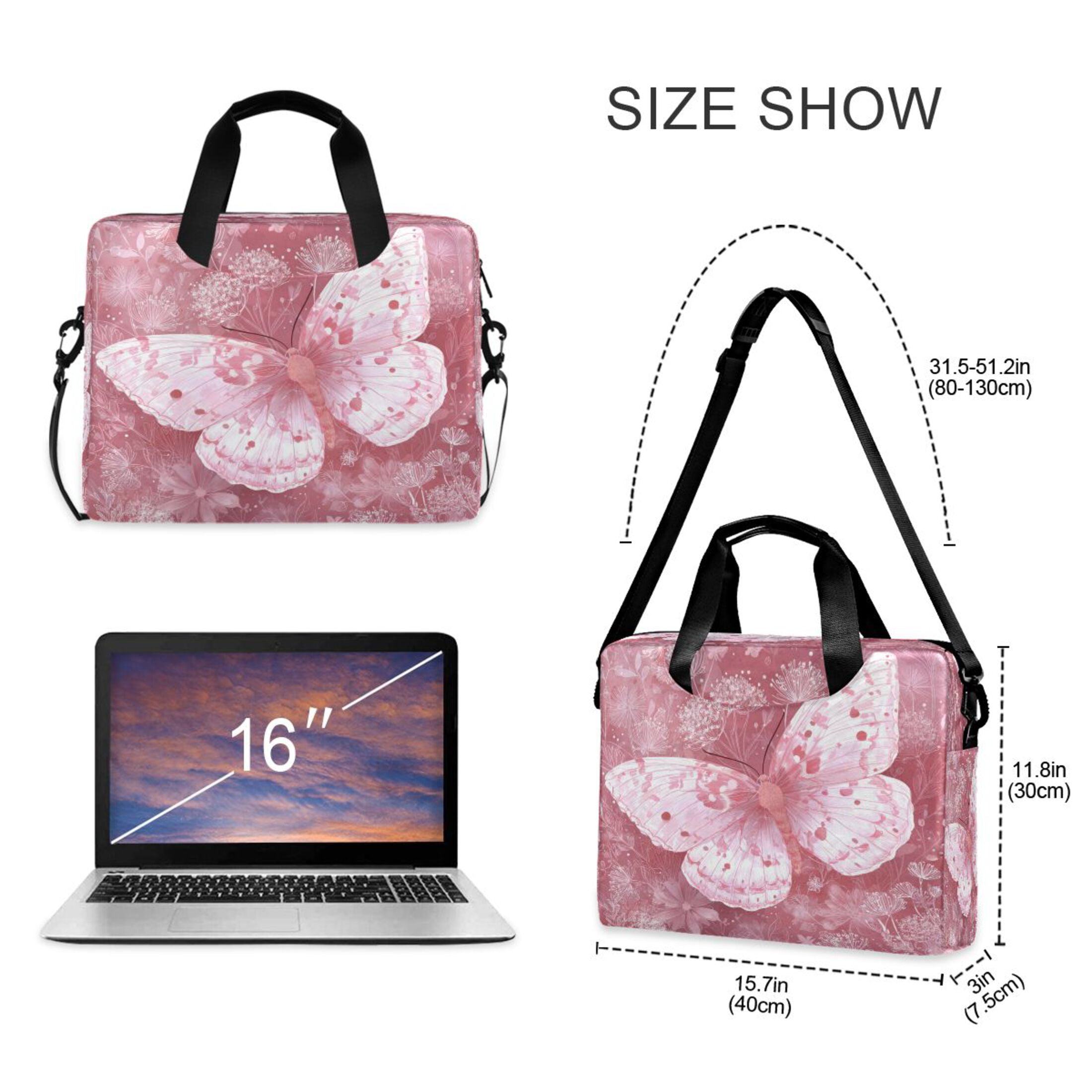16" Laptop Tote Bag Laptop Sleeve Case Computer Briefcase for Work & Travel Soft Pink Butterfly