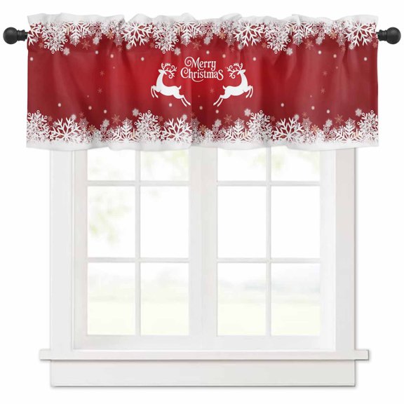 Christmas Deer Valances for Windows, Merry Christmas Snowflake Red Light Filtering Window Treatment Valances, Rod Pocket Small Curtains for Kitchen/Bathroom, 60"x14"