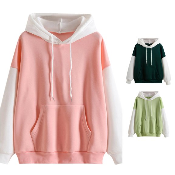 CAIVO Hoodies For Womens Casual Strap Long Sleeve Splice Patchwork Hooded Sweatshirt Tops Running Dailywear