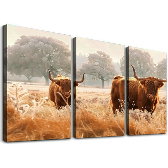 Ullo0ord Brown Scottish Highland Cattle Pictures for Living Room Fluffy Highland Cow Wall Art Canvas Print Winter Landscape Painting White Artwork Giclee Home Decor Ready to Hang