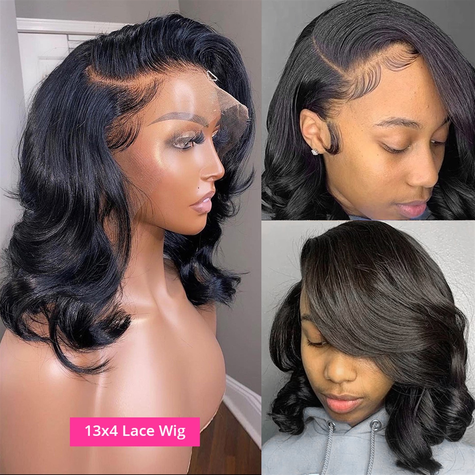 Human Hair 360 13x4 Lace Front Wig Pre Plucked Short Body Wave 5x5x1 T Part Lace Wig with Baby Hair, 8-14" Short Wave Curly Lace Wig for Women