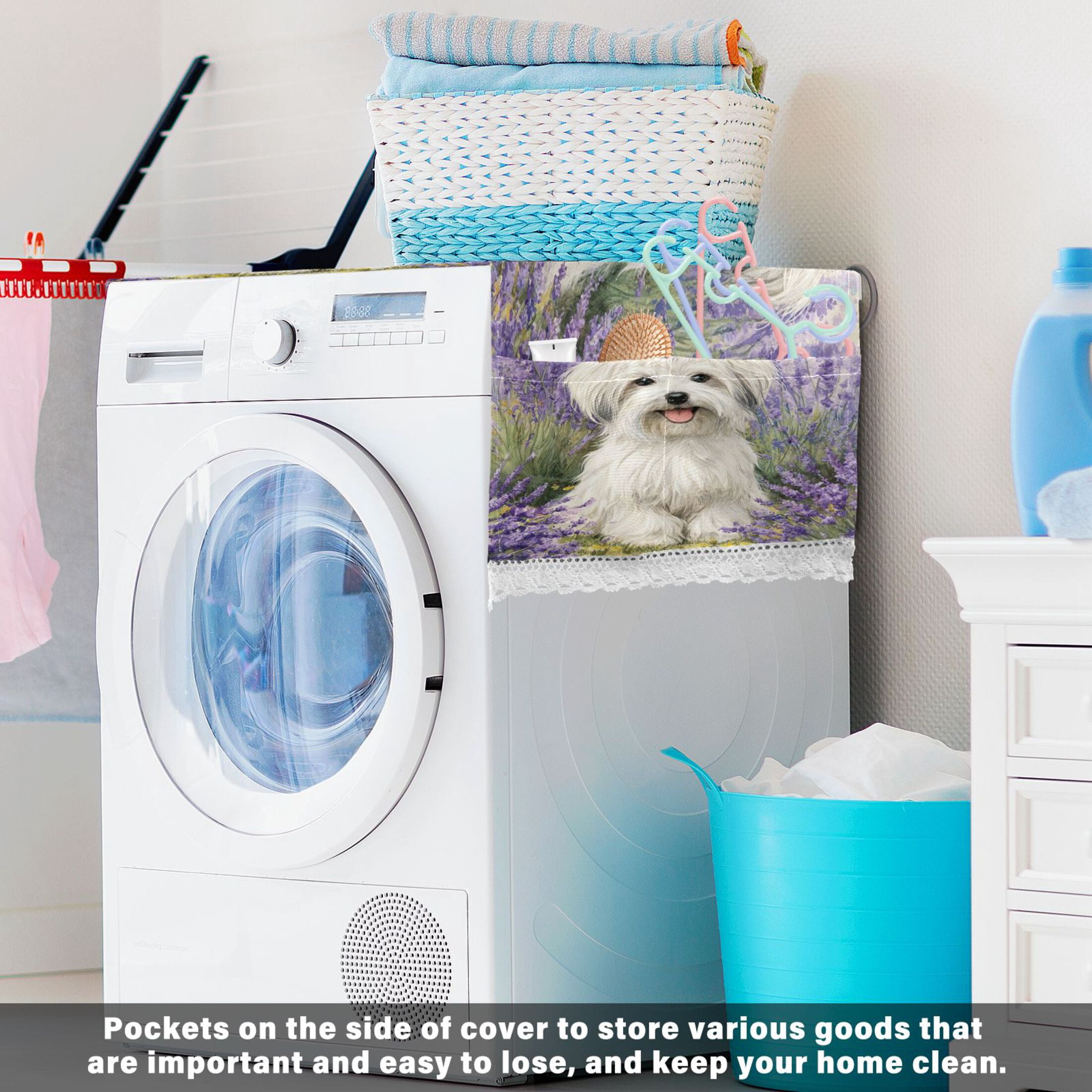Washing Machine Cover 51.2x22in, Durable Polyester Dust Cover with Lace Trim and Side Pocket for Appliances Happy Havanese Dog