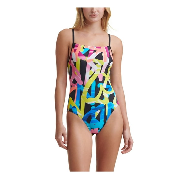 DKNY Women's Black Printed Removable Soft Cups Adjustable Square Neck One Piece Swimsuit L
