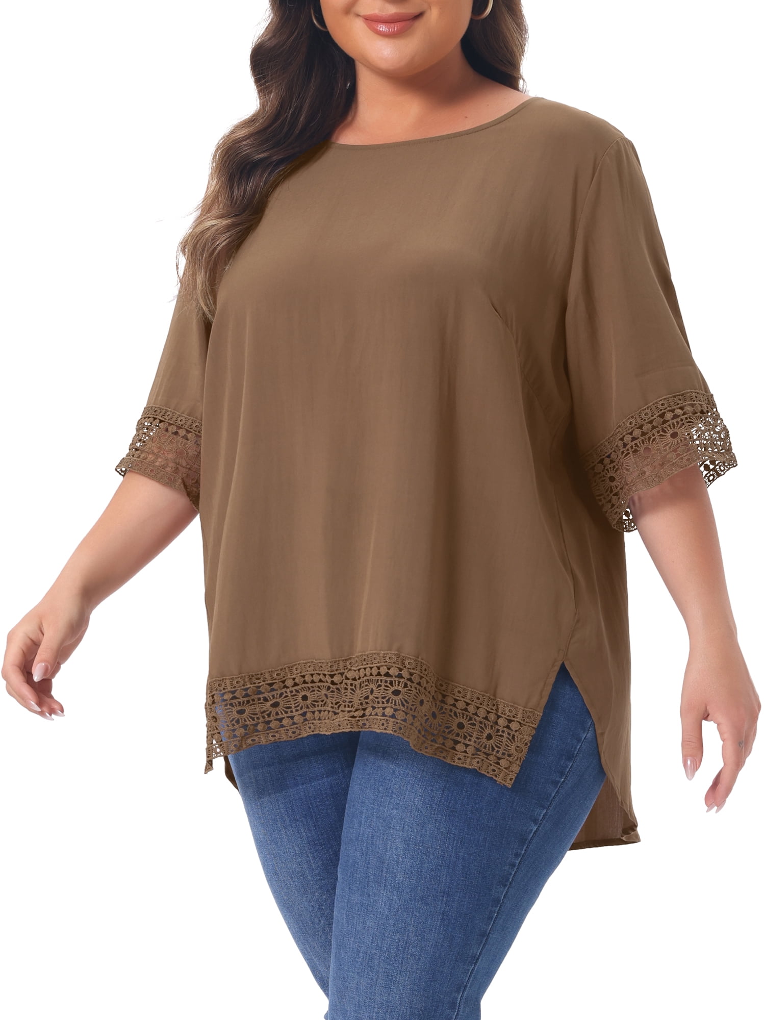 DARING DIVA Women's Plus Summer Tops Lace Crochet  Casual Cowl Neck Blouses 1X Dark khaki