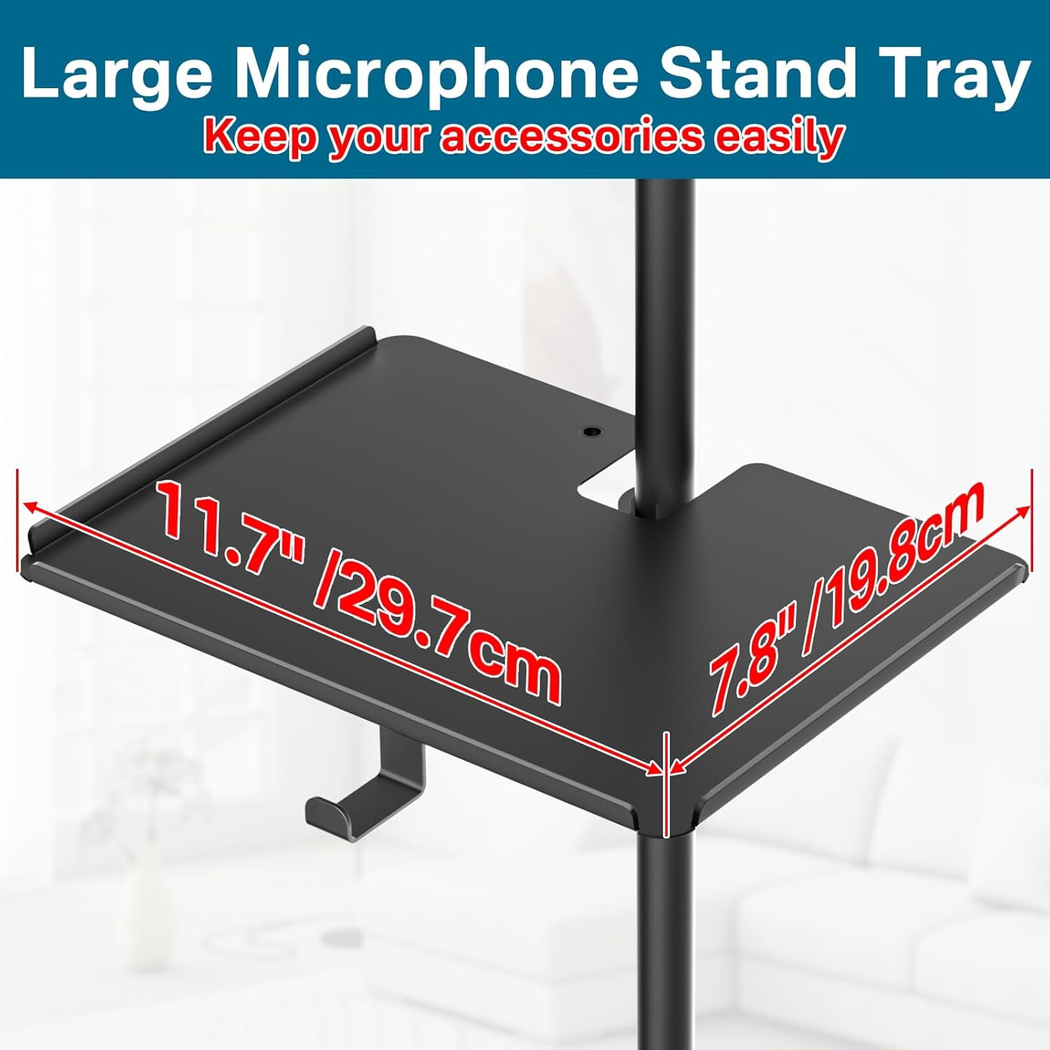 Multi-Functional Metal Mic Stand Tray Shelf with Phone Holder - Universal Microphone Stand Tray Clamp on Most Studio, Concert, Karaoke, Music Stand Tray with 11.7" x 7.8" for Storage