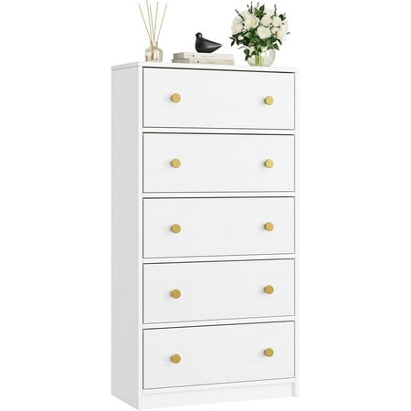 Nicehill White Dresser for Bedroom with 5 Drawers Wooden Dresser Storage Tower, Chest of Drawers for Closet, Living Room, Hallway, Entryway, Fabric Drawer (White)