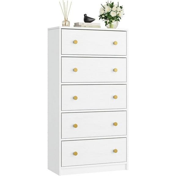 Nicehill White Dresser for Bedroom with 5 Drawers Wooden Dresser Storage Tower, Chest of Drawers for Closet, Living Room, Hallway, Entryway, Fabric Drawer (White)