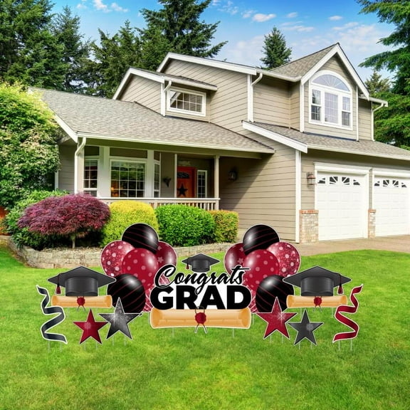 VictoryStore Congrats Grad Scarlet Red Graduation Yard Decoration Display, Outdoor Red Graduation Decoration Display 11 Piece Set 20025I