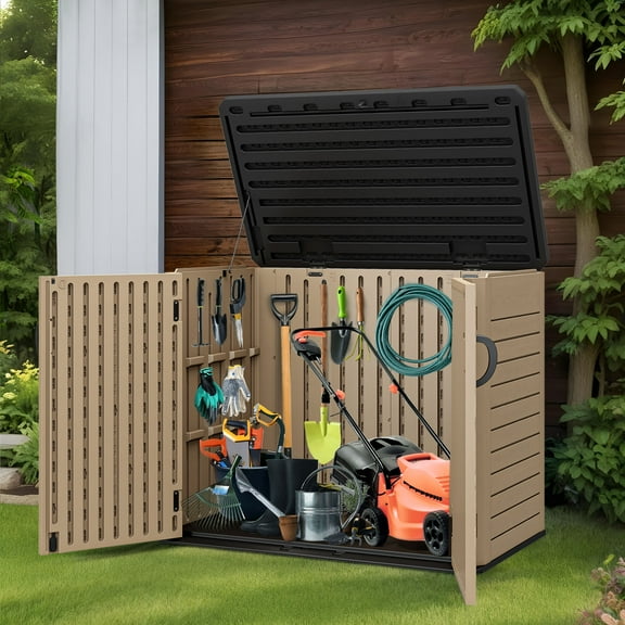Uforic Outdoor Horizontal Storage Shed with X-Shaped Lockable Door, 35 Cu Ft Weather Resistant Resin Tool Shed, Brown