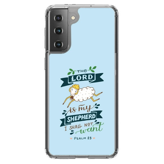 DistinctInk Clear Shockproof Hybrid Case for Galaxy S21  PLUS 5G (6.7" Screen) - TPU Bumper, Acrylic Back, Tempered Glass Screen Protector - The Lord is My Shepherd I Shall Not Want