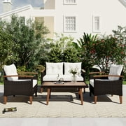 KOIOS 4-Piece PE Rattan Outdoor Conversation Sofa Set with Cushions,Brown and Beige