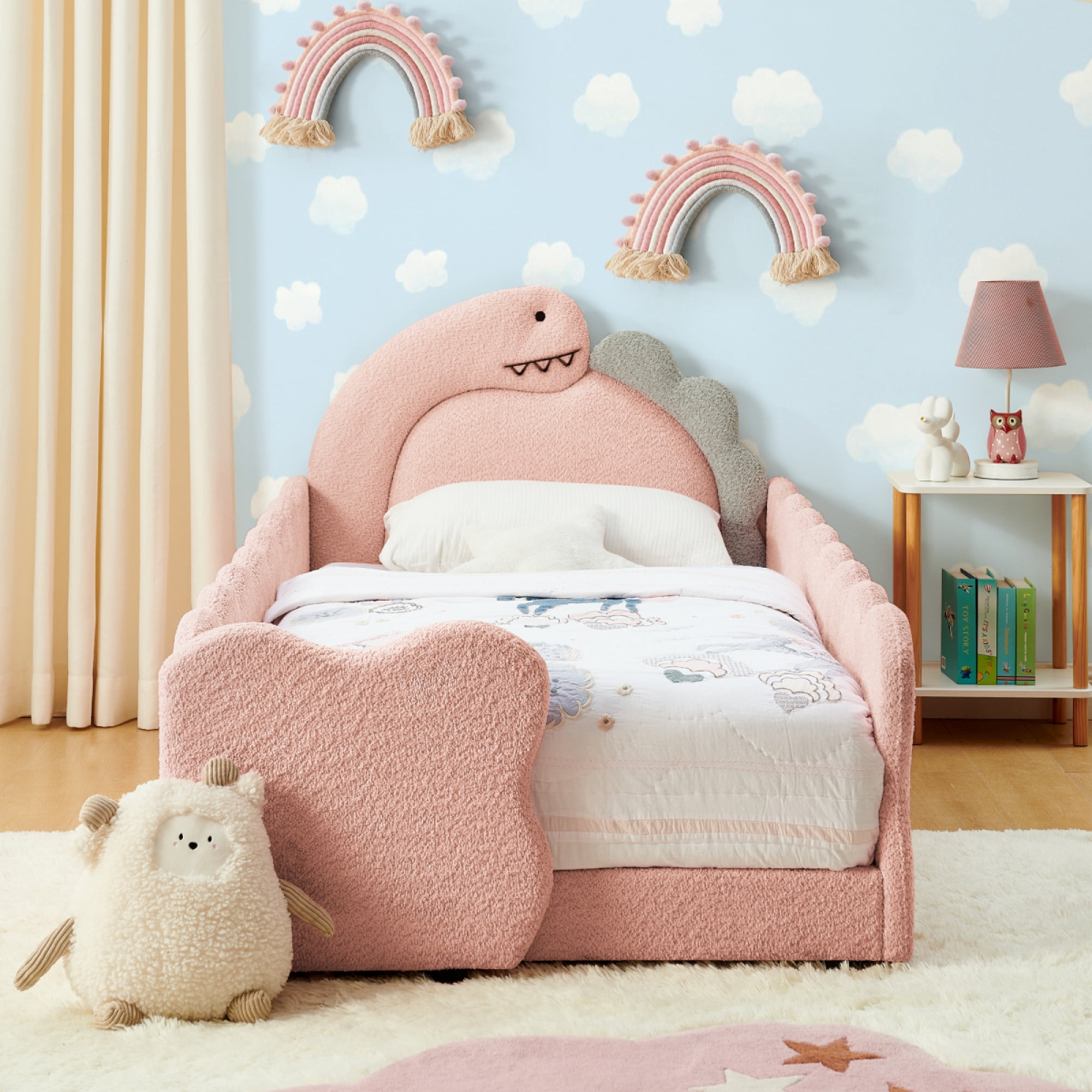 CHENYUEFURN Twin Dinosaur Bed with Solid Wood Frame and Safety Guardrails, Pink