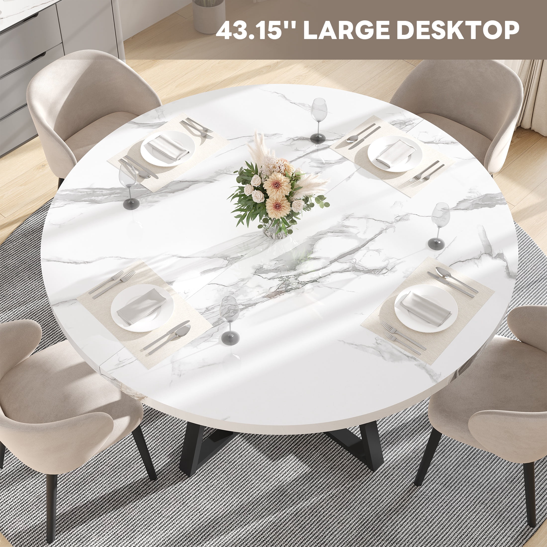 PAPROOS Round Dining Table, 43'' Faux Marble Dining Table with Storage Shelf, Circle Dining Table for Dining Room, Modern Kitchen Table for 4 People, White(Only Table)