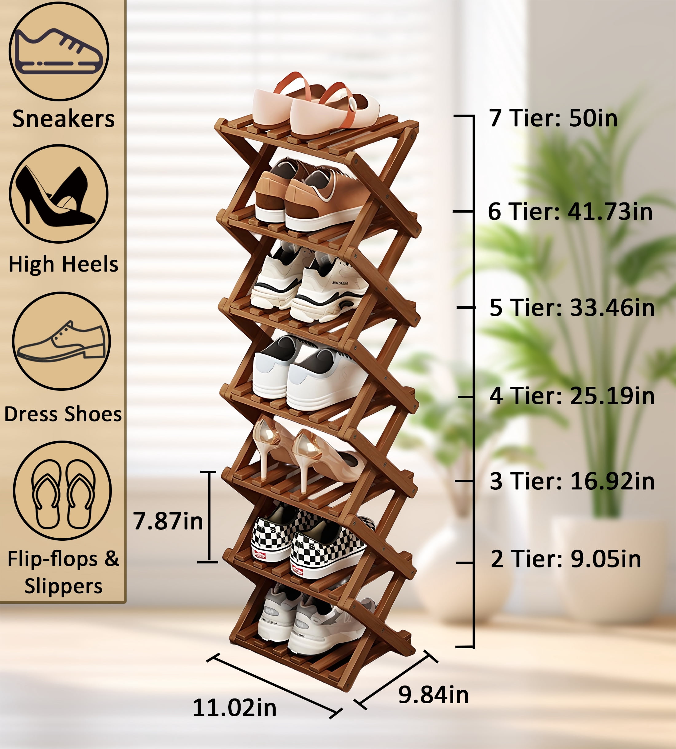 LPAMEOIU 4-Tier Foldable Shoe Rack,Bamboo Shoe Organizer Storage Shelf for Entryway,Hallway(Brown)