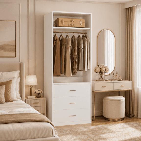 Homieasy Freestanding 2FT Closet System with 3 Wood Drawers, 24" Closet Organizer System with Hanging Rod & Shelves, Walk-in Closet Systems for Small Closets, White