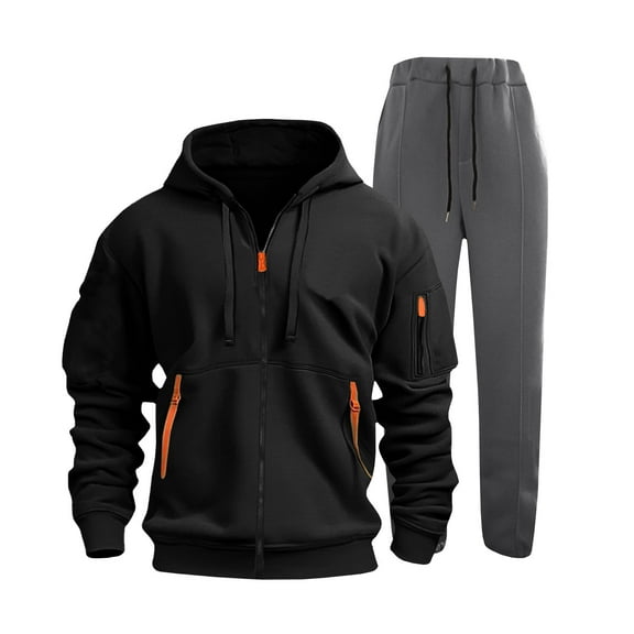 Ahabrexf Coat Set, Men's Solid Color Sports Zipper Pockets Long Sleeve Hooded Top and Bottoms