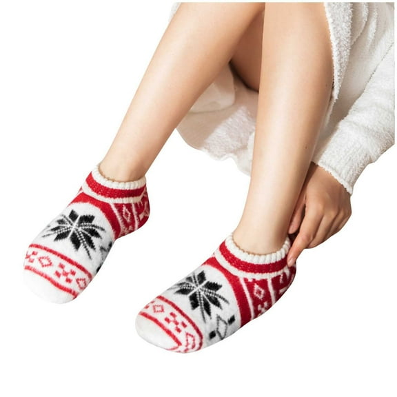 Xfvqtps Fluffy Socks for Womens Short Knitted Fleece Lining Thickened Snowflake Embroidery No Show Socks Soft Cozy Floor Warm Winter Slippers Socks Red