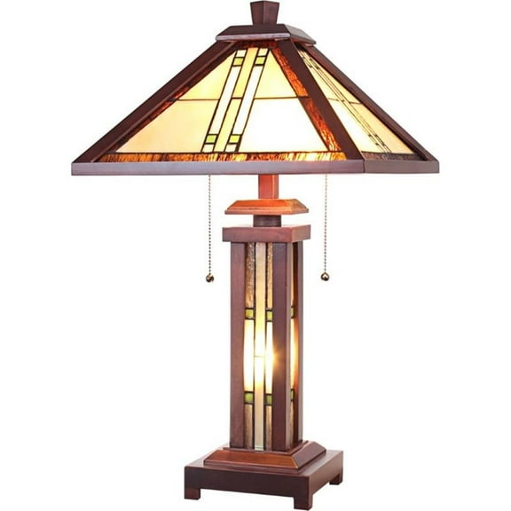 Pemberly Row Tiffany-style Mission 3 Light Double Lit Wood Table Lamp 15" Shade