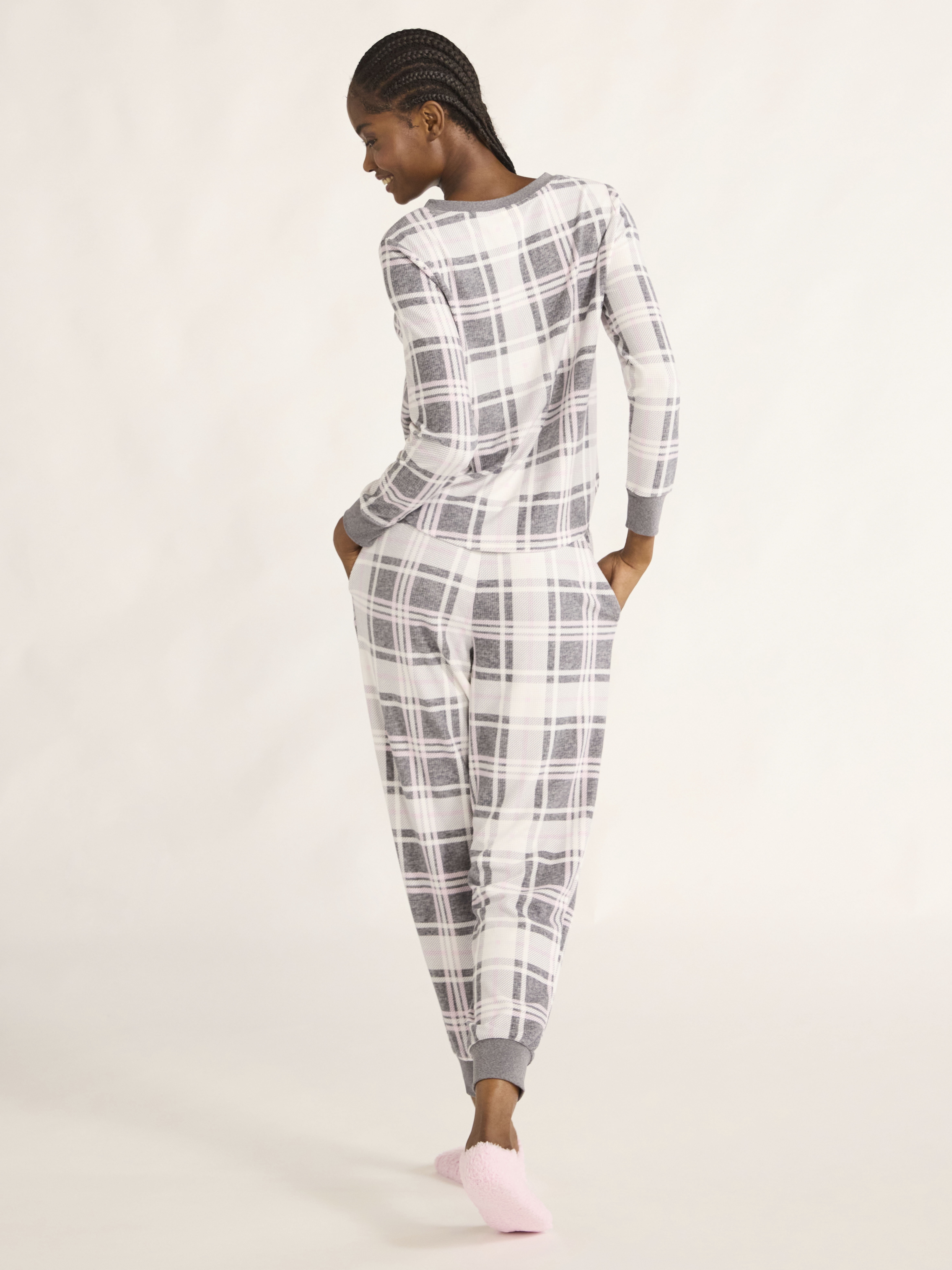 Joyspun Women's Velour Waffle Henley Sleep Top, Jogger Pants and Socks Pajama Set, 3-Piece, Sizes S-3X