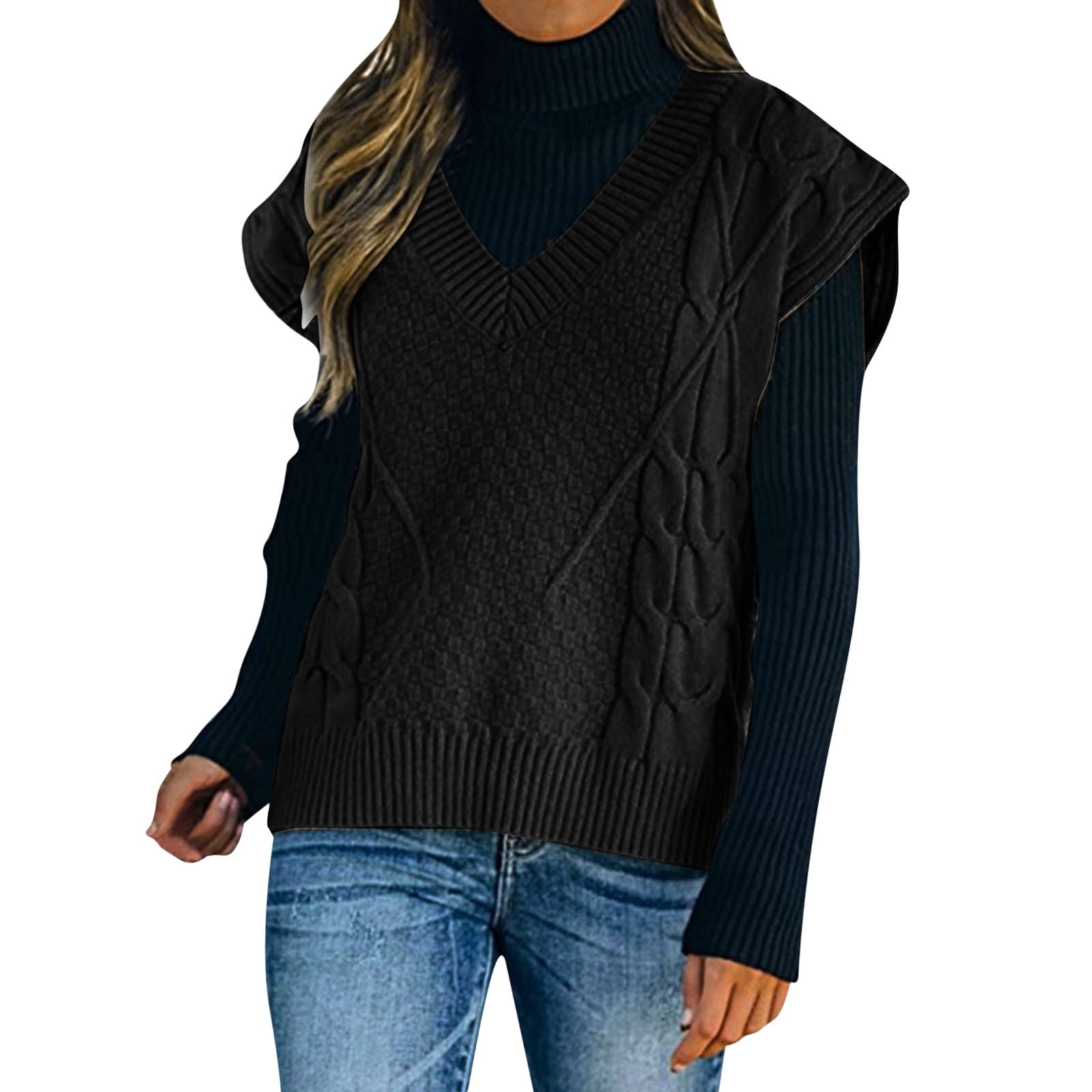 JDEFEG Key Hole Back Sweatshirt Womens Sweater V Neck Sleeveless Knit  Pullover Vest Memory Plush Sweaters for Women Polyester,Spandex Black M