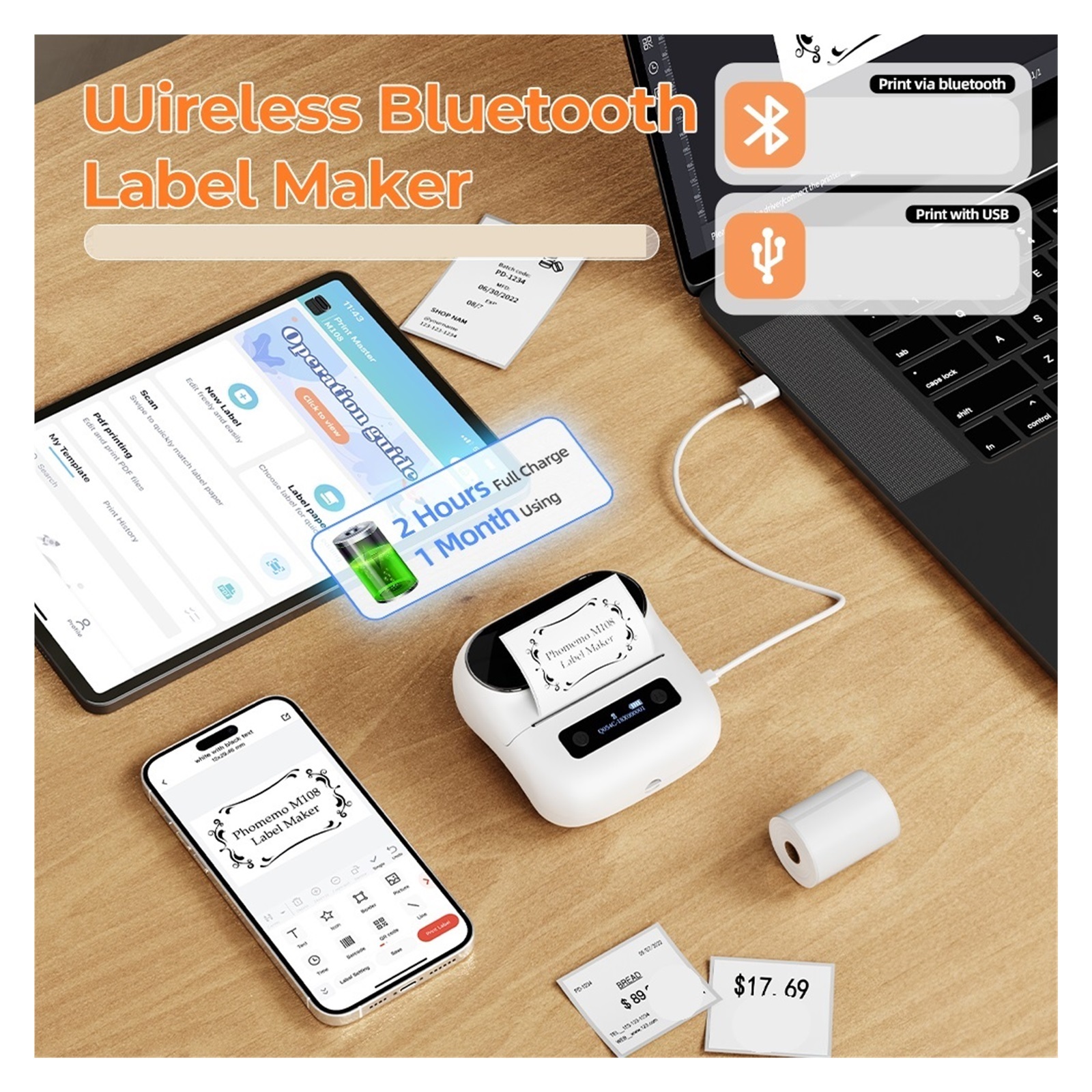 Label Printer Handheld Thermal Maker Bluetooth Barcode QR Code Sticker Paper Rolls Labeller