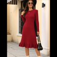 thumbnail image 4 of Vestido de Punto Acanalado para Mujer, Informal, de Larga, Cuello Redondo, Ajustado, Plisado, Estilo Urbano Vino Tinto L, 4 of 10
