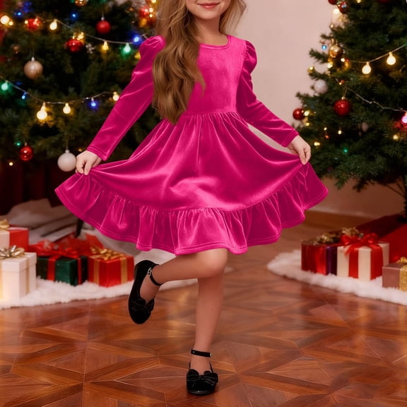 Girls Dress Velvet Princess Dress Long-Sleeve Dress Elegant Festive for Children’s Holiday Parties Hot Pink 7-8 Years