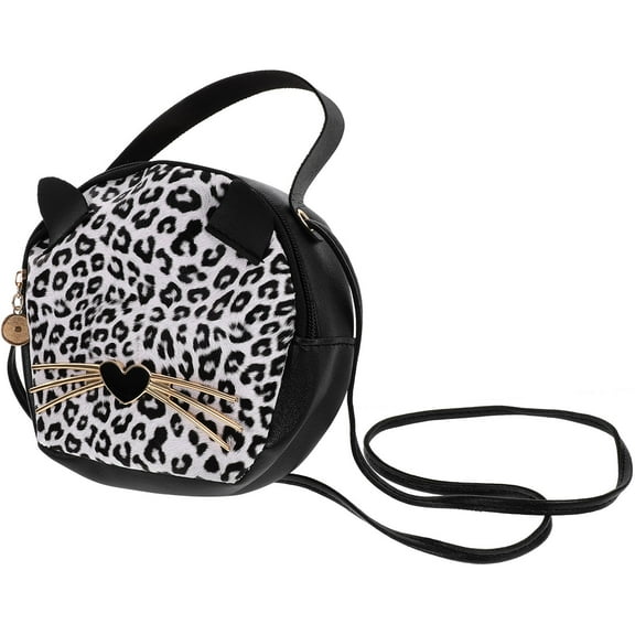 HEMOTON Creative Small Round PU Tote Handbag Casual Shoulder Bag Leopard Grain Cartoon Cat Ears Coin Purse for Girls Ladies (Speckled Brown)