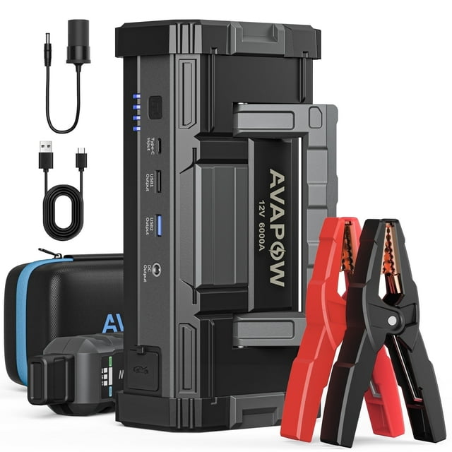 Arrancador de Auto Batería AVAPOW 6000A (para Todo Tipo de Gasolina o Hasta 12 L de Diésel), con Carga Rápida USB Dual y Salida CC, Arrancador de Auto Batería de 12 V con Luz LED Brillante Incorporada