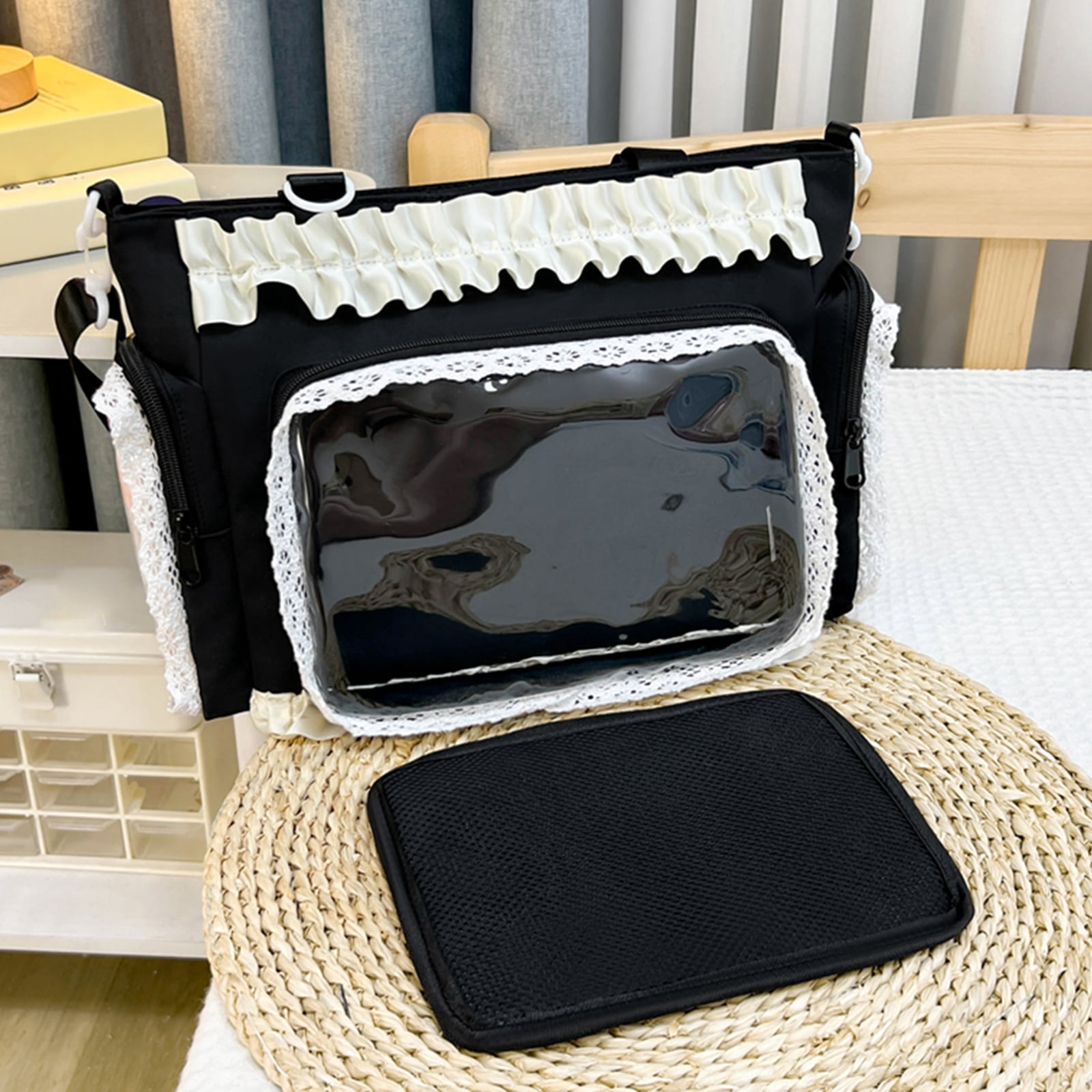 Women Transparent Square Ita Bag with Pin Display DIY Badge Crossbody Bag W/ Zipper & Pendant for Shopping Travel Work Daily Use (Black)
