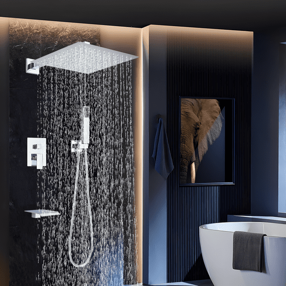 Zovajonia Shower System 12 Inches Shower Faucet Set, Rain Shower Head with Handheld Spray Bathroom Wall Mount Shower Fixtures with Tub Spout Polished Chrome