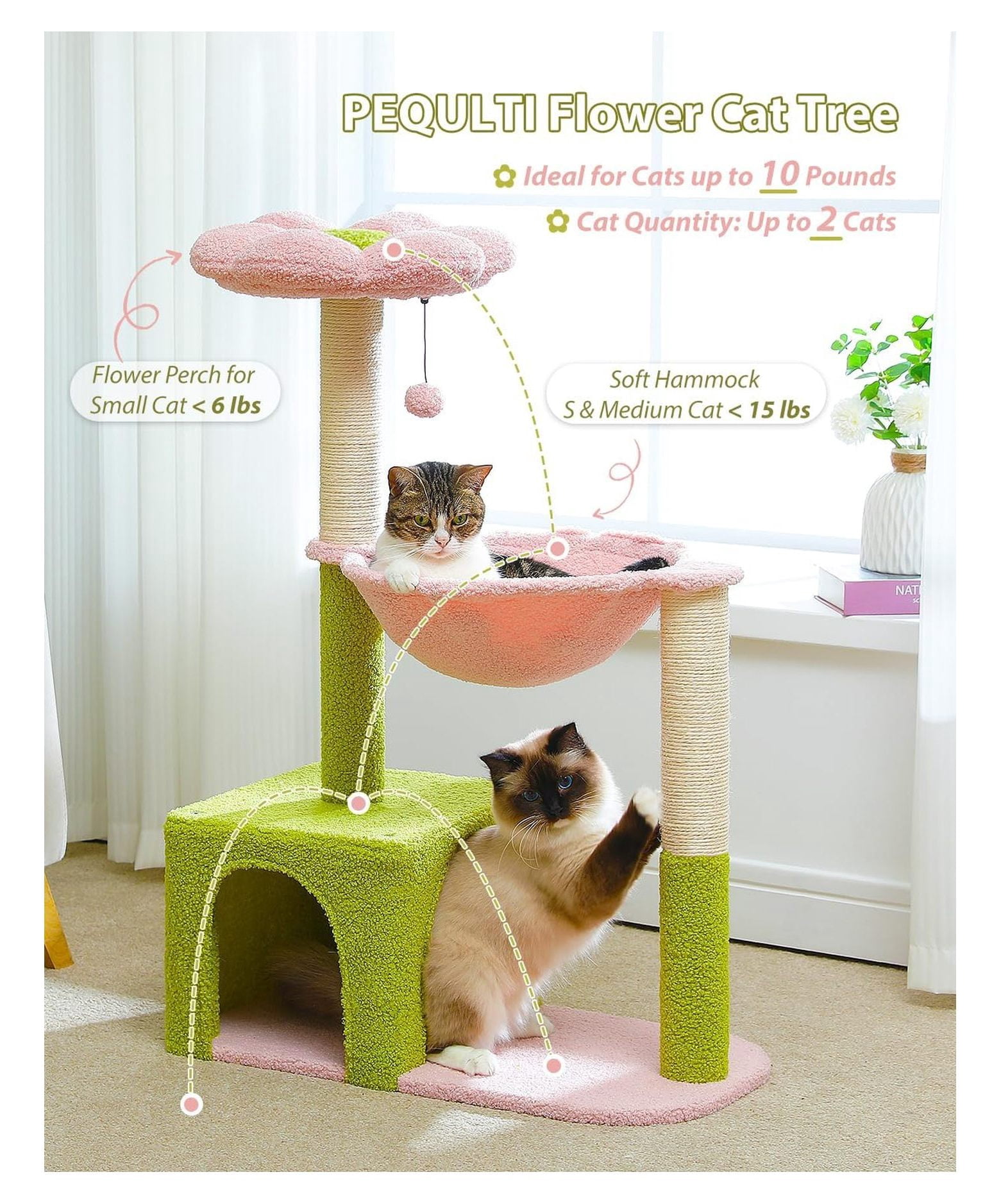 Flower Cat Tree 36.6", Pink Cat Tower with Scratching Posts, Hammock & Condo for Kittens - Large Indoor Cat Tree with Perch & Fluffy Ball