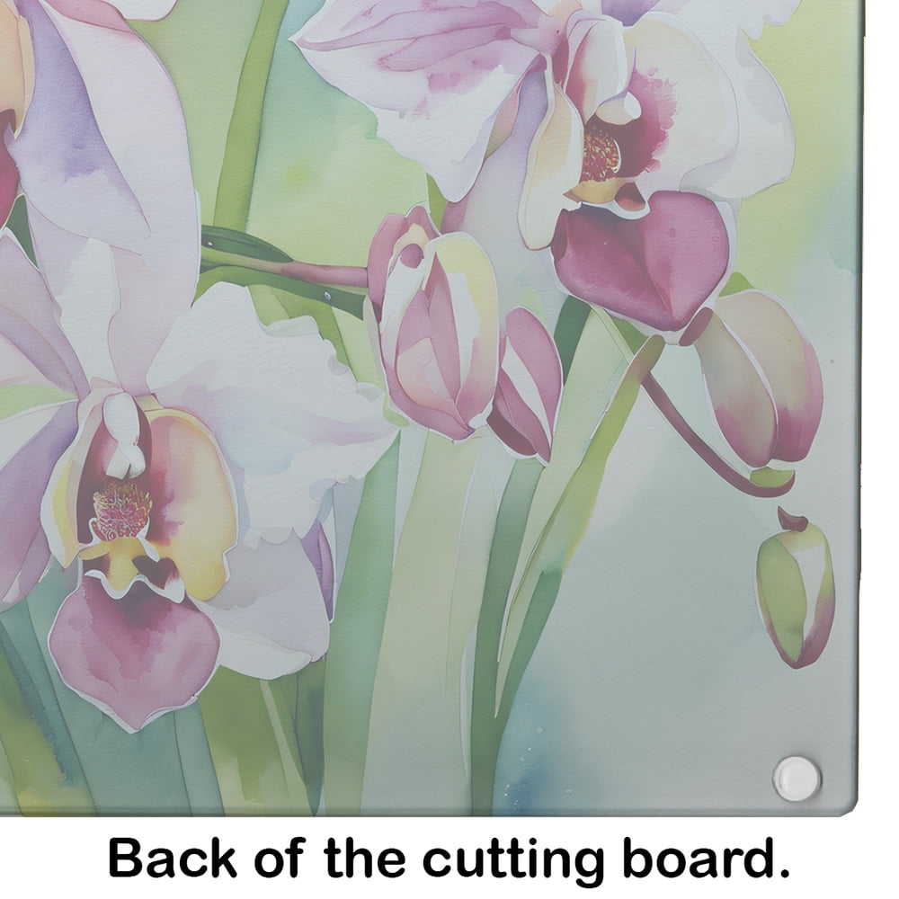Orchids in Watercolor Glass Cutting Board Large 12 in x 15 in