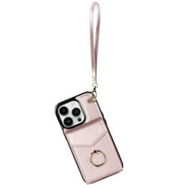 Jiahe Cover Case For iPhone 14 Pro Max 6.7 Inch Wallet Case with Card Holder, Built-in Finger Ring Holder Kickstand, RFID Blocking Leather Buttons Shockproof Wrist Strap Cover, Rosegold