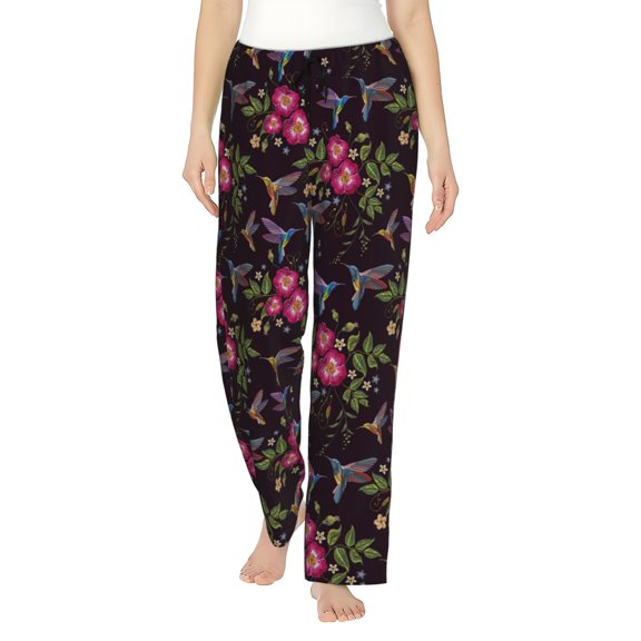 Logiee Flowers And Humming Bird1 Print Women Pajama Pants,Comfy Pj Bottom with Pockets & Drawstring,Stretch Casual Sleepwear-Small