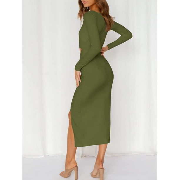 Midi Dresses for Women Long Sleeve Twist Front Cutout Slim Fit Dress Solid  Color Crewneck Side Slit Tight Formal Dress - Walmart Business Supplies