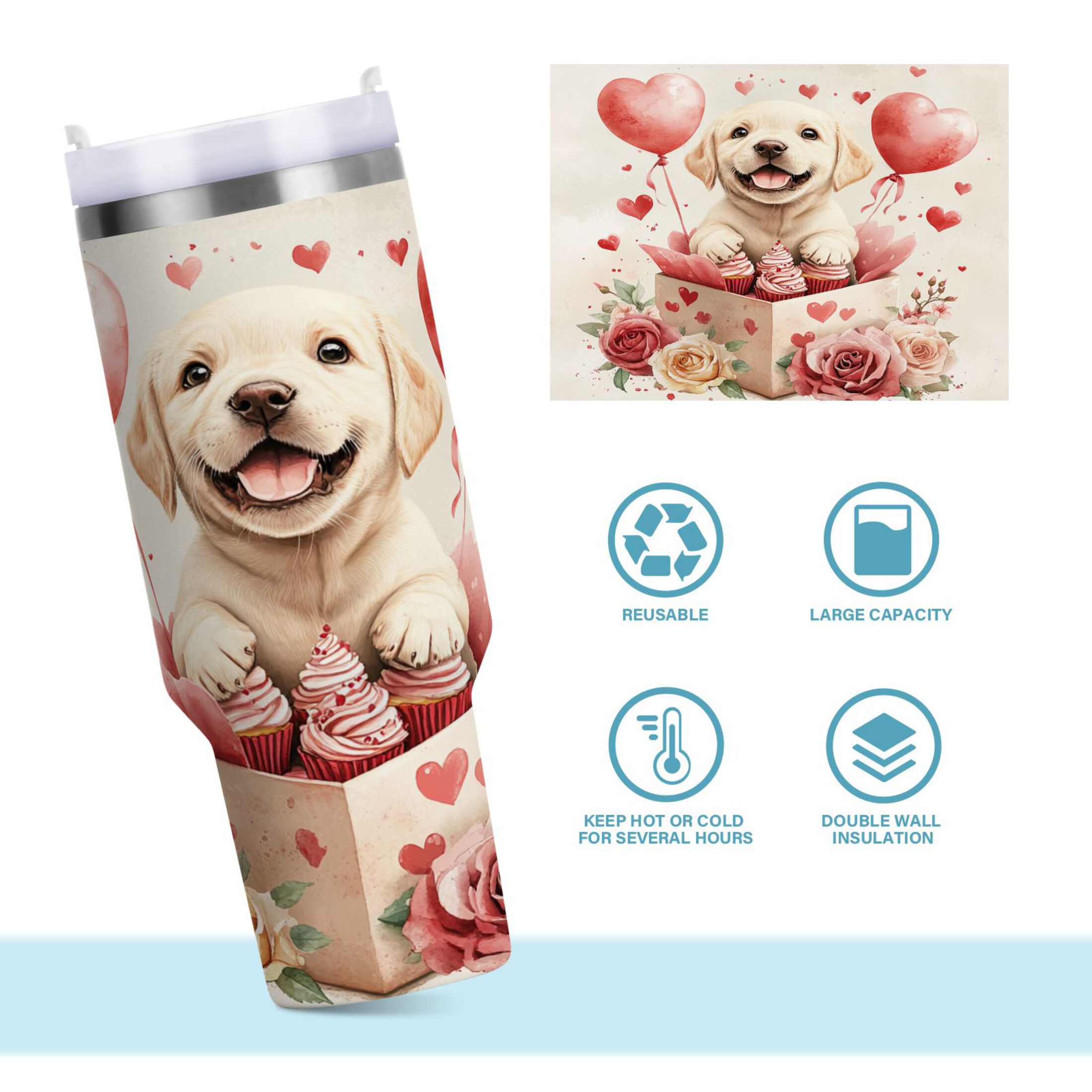 BZSMCE Tumbler 40oz Insulated Stainless Creative Cute Labrador Baby Pattern Steel Water Bottles