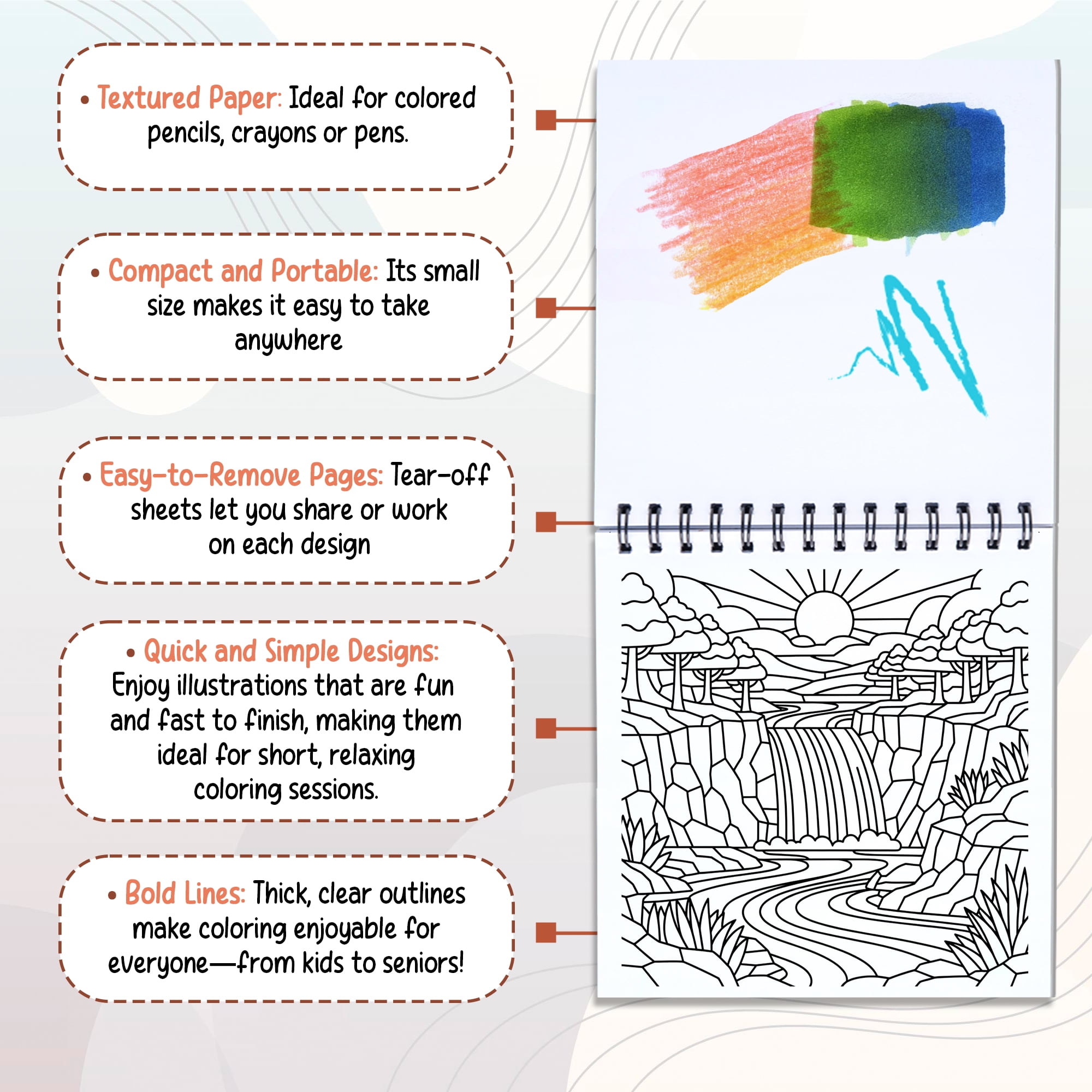 Stained Glass Mini Coloring Book Spiral Bound for Adult, Pack 6, 3.5” x 3.5” Pocket Size, 40 Coloring Pages Stress & Anxiety Relief, Travel for Women Men