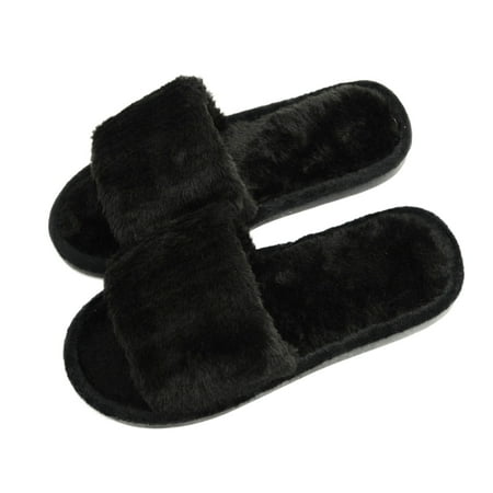 

CRAZY LADY Women s Fuzzy Soft Open toe Slippers Indoor Outdoor (02/Black 7.5-8.5 M US)
