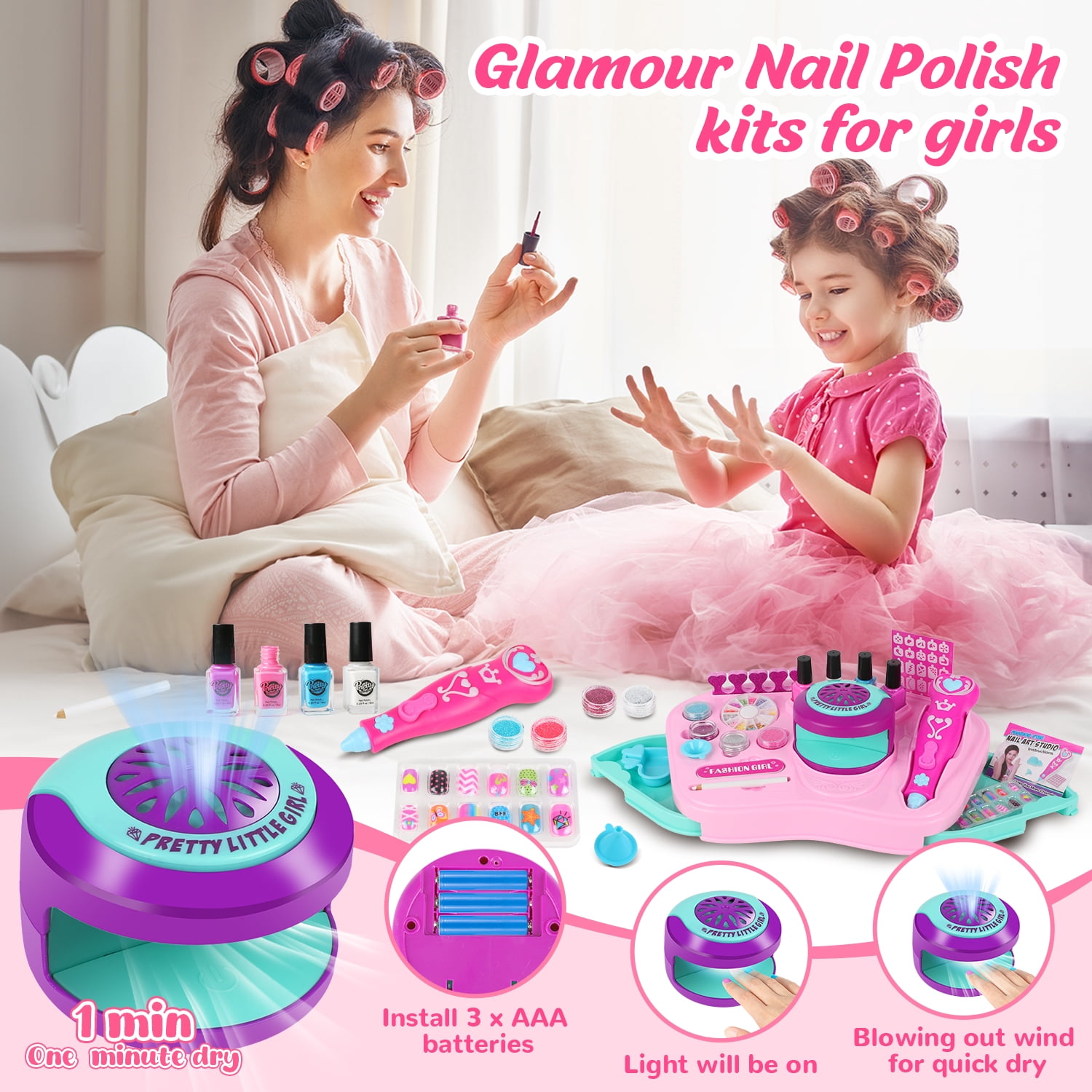 UUSUOO Kids Nail Polish Set for Girls,30Pcs Nail Art Kit with Storage Desk,Nail Dryer,Glitter Pen,Non Toxic Nail Polish,Nail Kit for Girls Ages 7-12,Christmas Birthday Gift for Girls 6-12