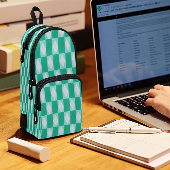 Backpack Pencil Case, 3 Compartment Large Capacity Oxford Fabric Pencil Pouch / Emerald Green Squares