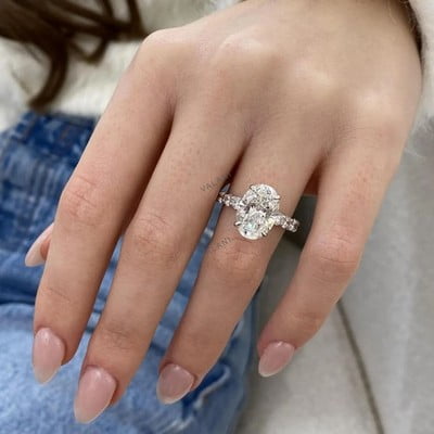 1.50 Ct Lab Grown Diamond Ring 14K White Gold Oval Solitaire with Accents