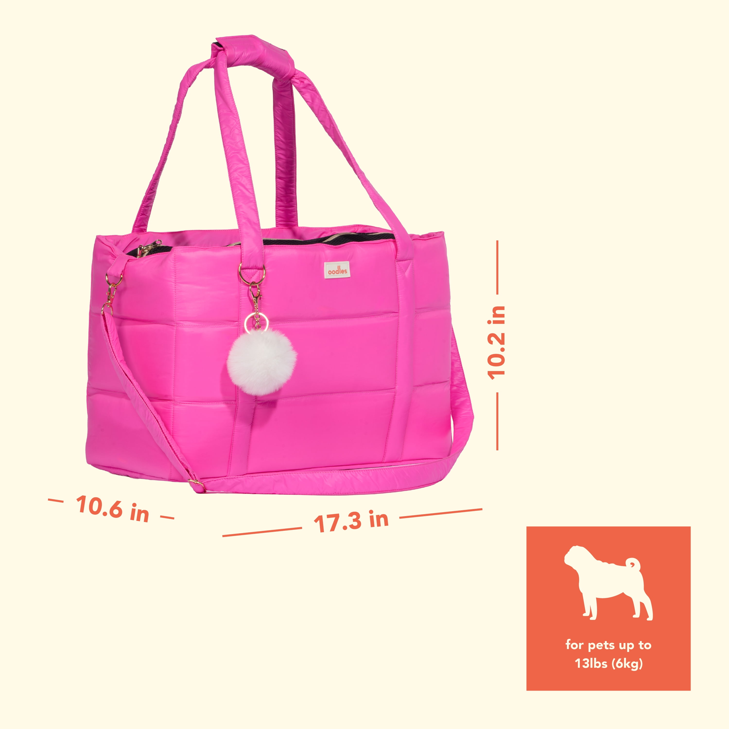 Oodles Solid Pink Quilted Zippered Soft Sided Pet Carrier Bag with Pom Charm, 13 lb Limit