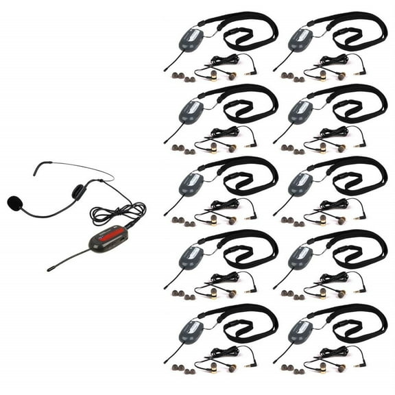 13 User Digital UHF Tour Guide System with Transmitter, Headset Microphone and 10 Receivers