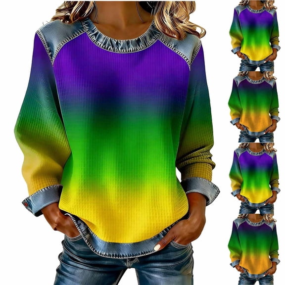 Mifsaly Denim Sweatshirt Women Gradient Raglan Sleeve Crewneck Mardi Gras Sweatshirts Waffle-Knit Patchwork Holiday Party Carnival Pullover Tops XXXL