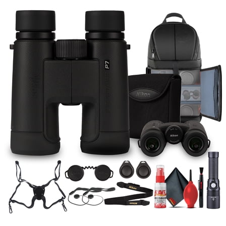 Nikon PROSTAFF P7 8x42 Binoculars | Waterproof Fogproof Optics with Multilayer Coatings, Locking Diopter (16772)   Backpack   Flashlight   Cleaning Kit   Suspender Harness   2 x Cap Keeper