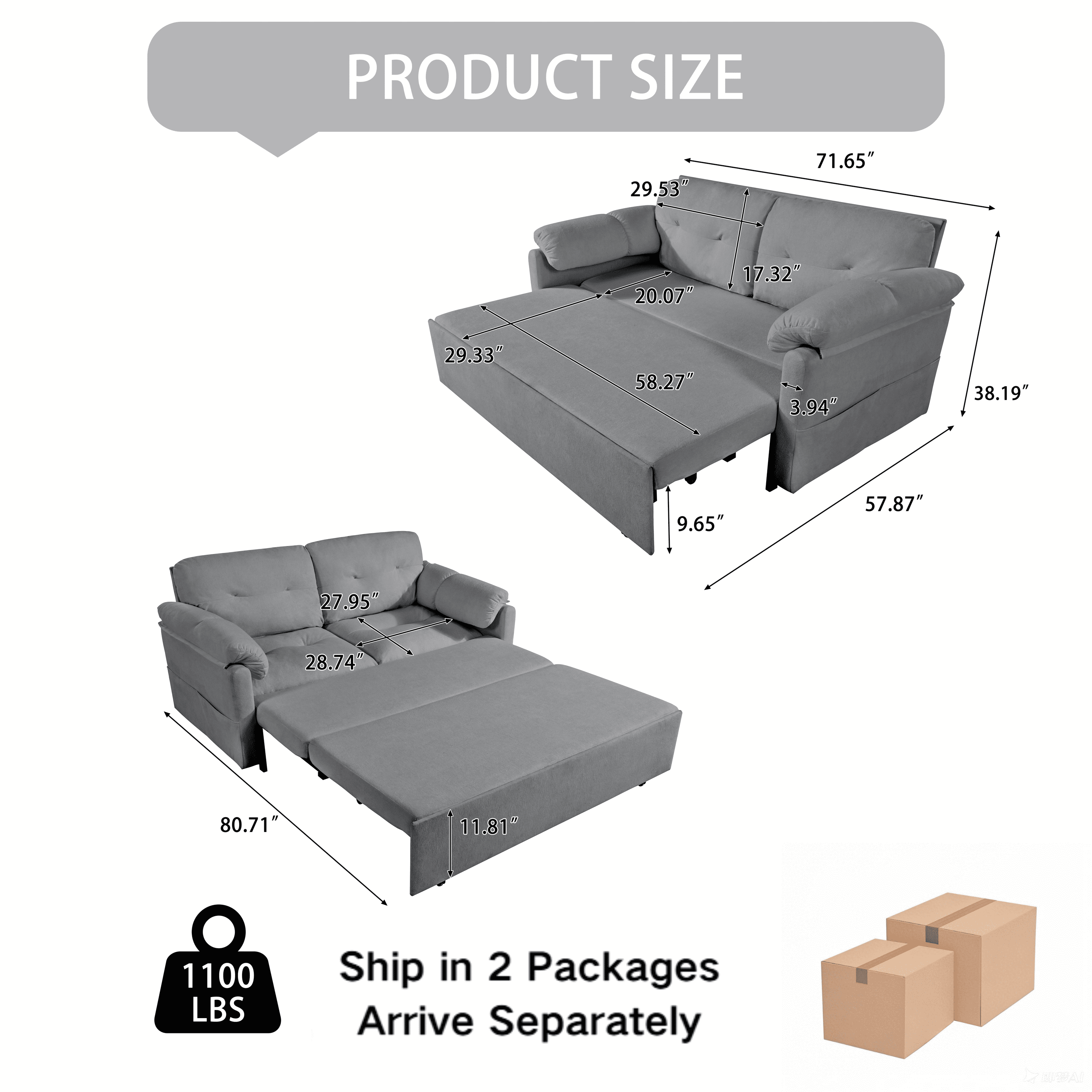 Convertible Pull-Out Queen Sleeper Sofa, 3-in-1 Sofa Bed with Side Storage & 8 Silent Casters, Thick Padded Chenille Loveseat for Living Room, Bedroom, Apartment, Grey
