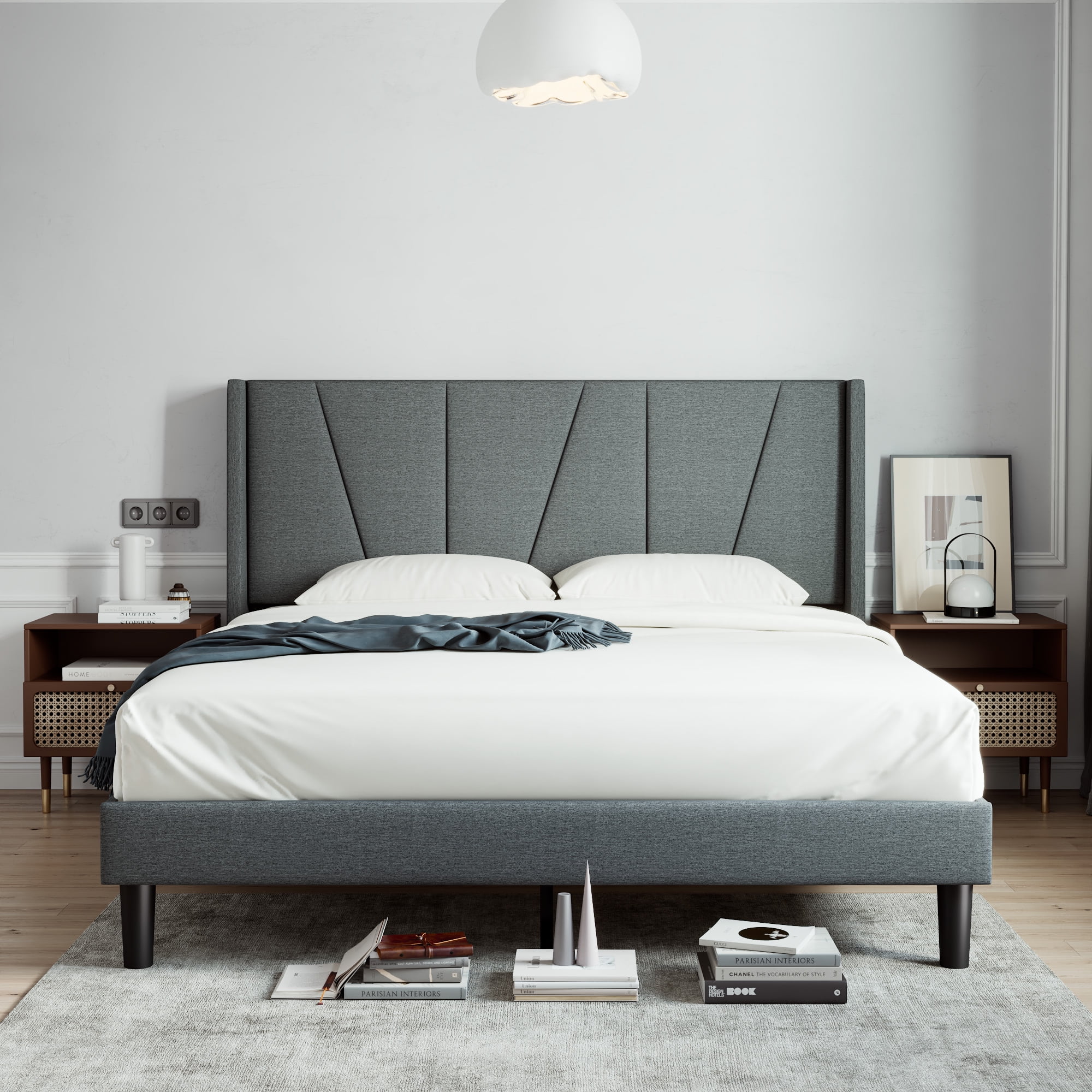 Sha Cerlin King Bed Frame, Upholstered Platform Bed with Wingback and Geometric Headboard, Gray